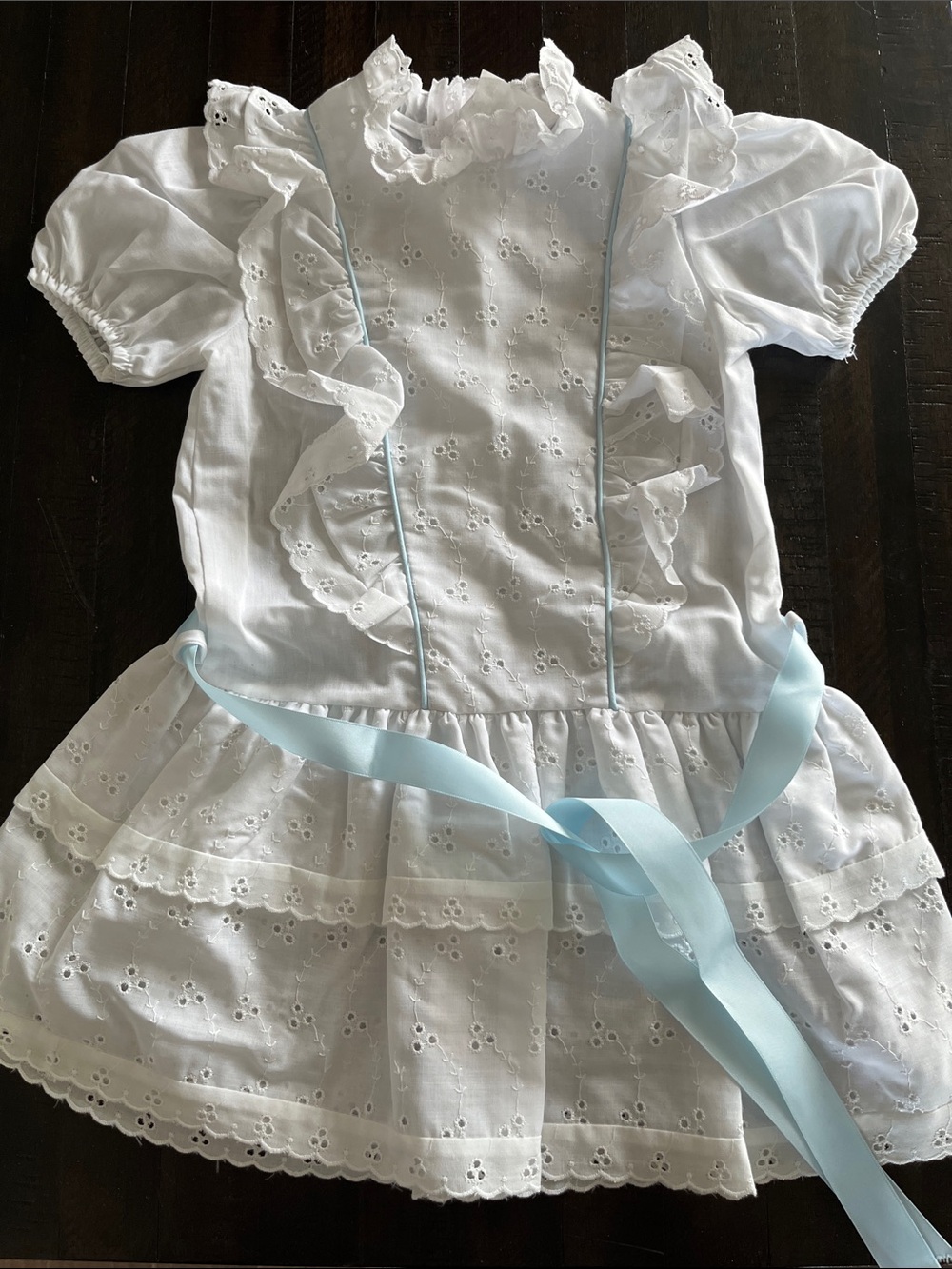 Vintage Mid 1980s Sears White Eyelet Drop Waist Dress with Pale Blue Ribbon